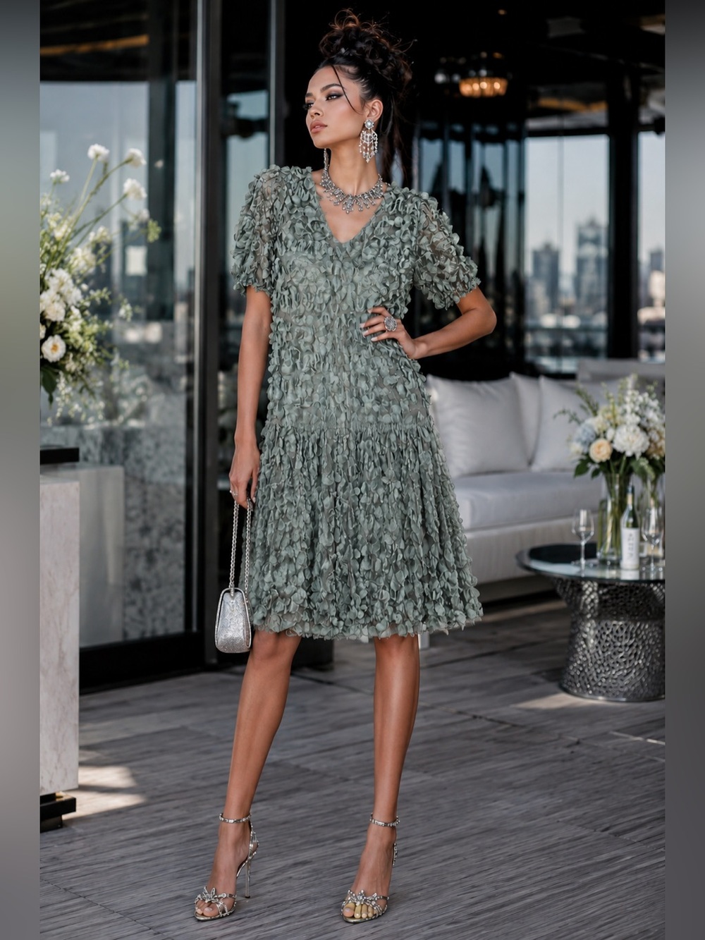 Zara Textured Floral Appliqué V-Neck Dress • Size Small